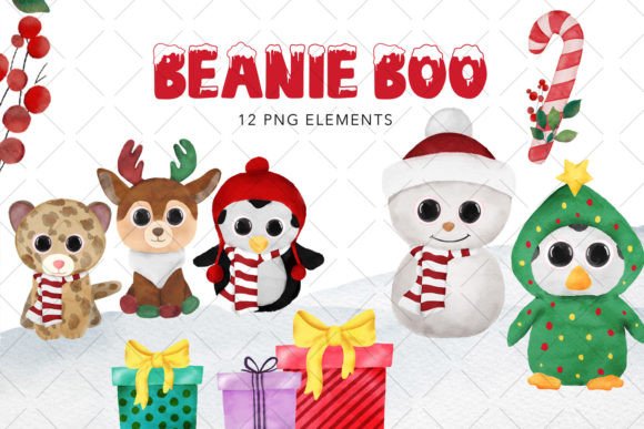 Beanie Boo Christmas Watercolor Cliparts Illustrations