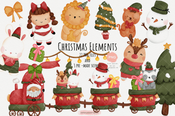 Christmas Animal and Santa Friends Train Illustrations