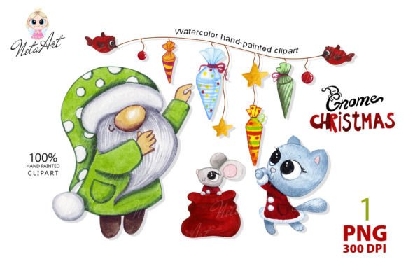 Christmas Gnome with a Kitten and a Mous Illustration Review
