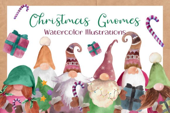 Christmas Gnomes Watercolor Cliparts for Editorial Design