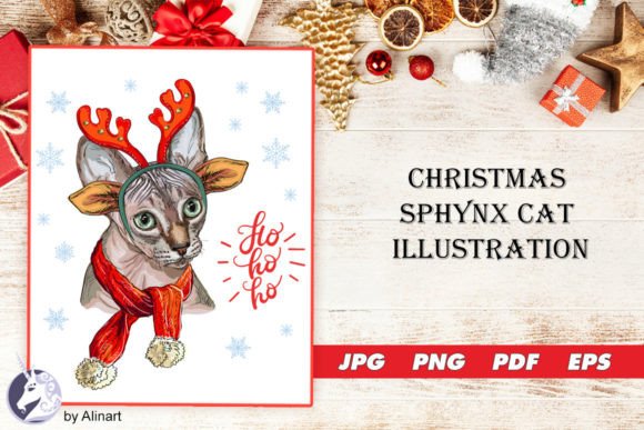 Christmas Sphynx Cat Illustration for Website and Editorial Use