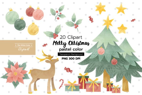 Merry Christmas Clipart Pastel Color Illustrations