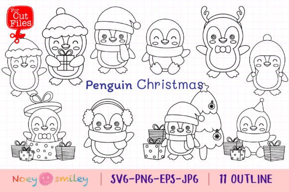 Penguin Christmas Outline Clipart, Xmas Illustrations