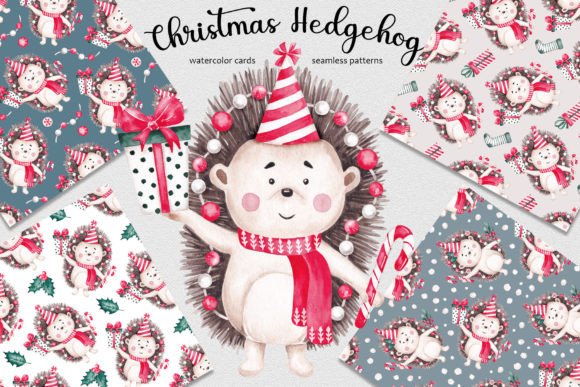 Watercolor Set “Christmas Hedgehog” Illustrations